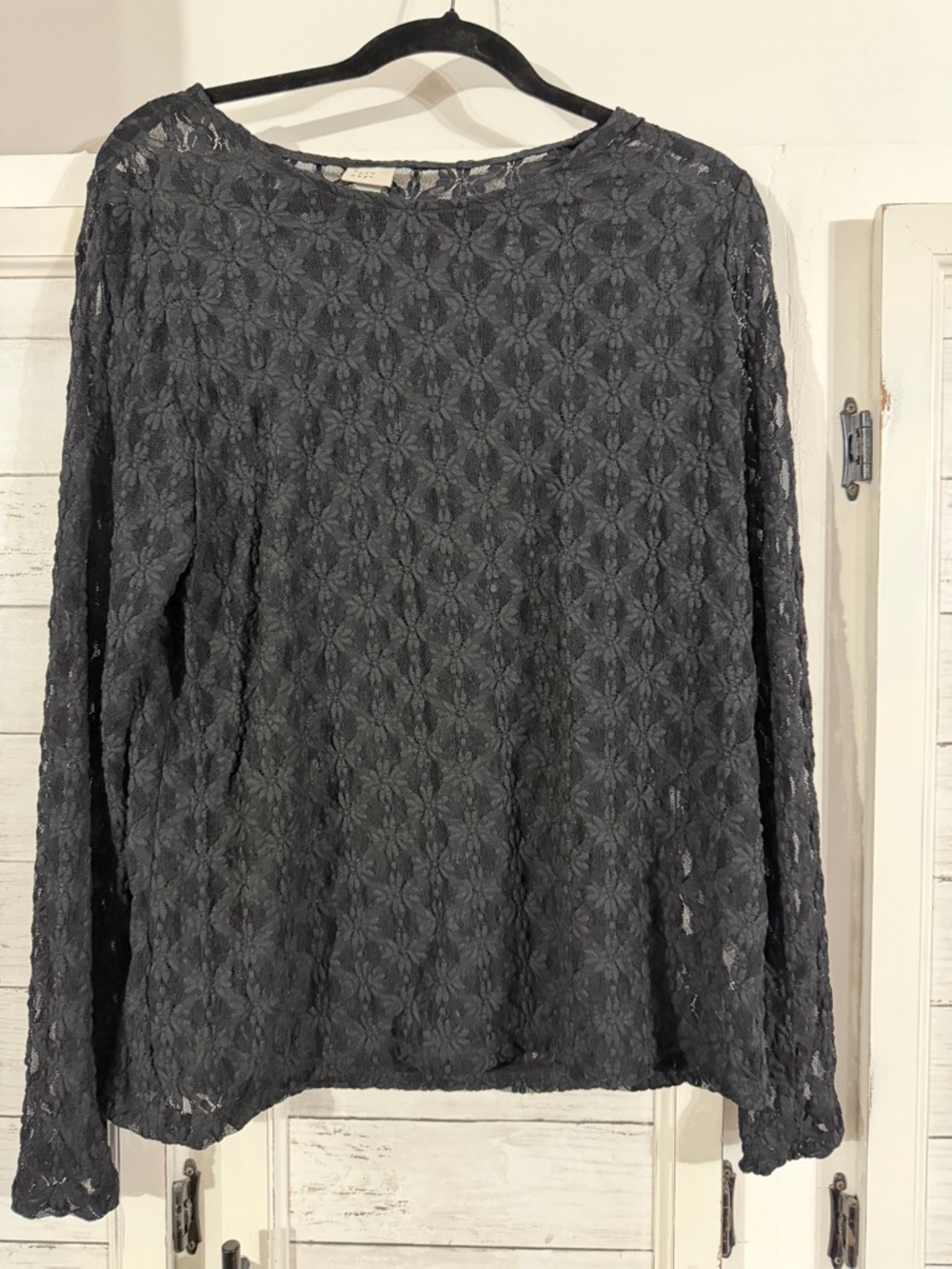 A New Day Black Lace Long Sleeve Top XXL Sheer Floral Stretch